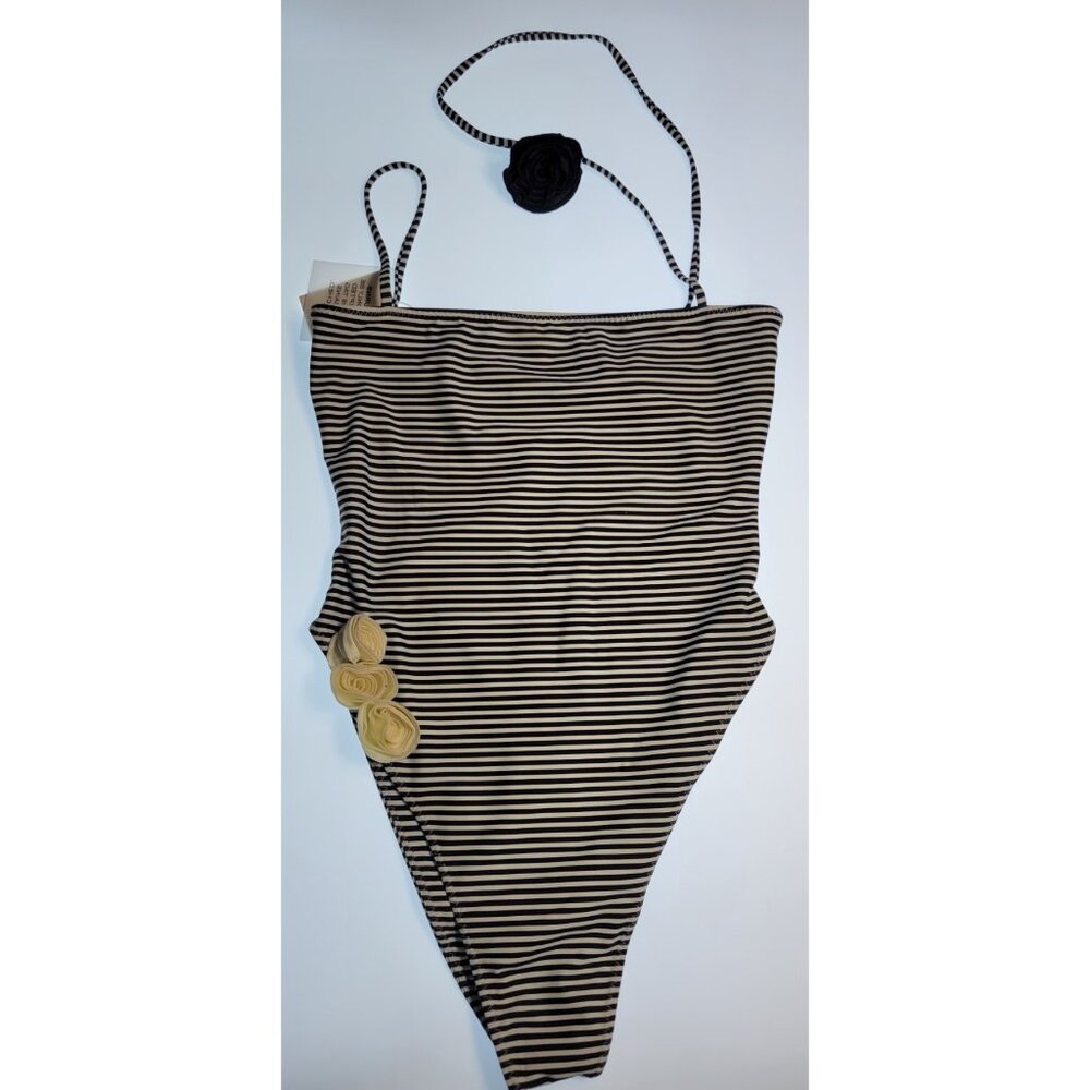 Striped Black and Cream One-Piece Swimsuit with Floral Accents